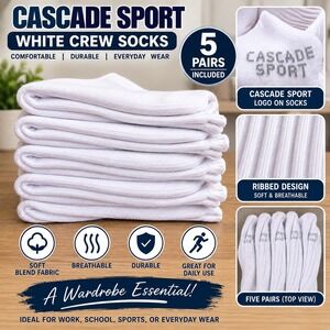 Cascade Sport White Crew Socks 5 Pair Pack Ribbed Breathable Soft Blend Athletic